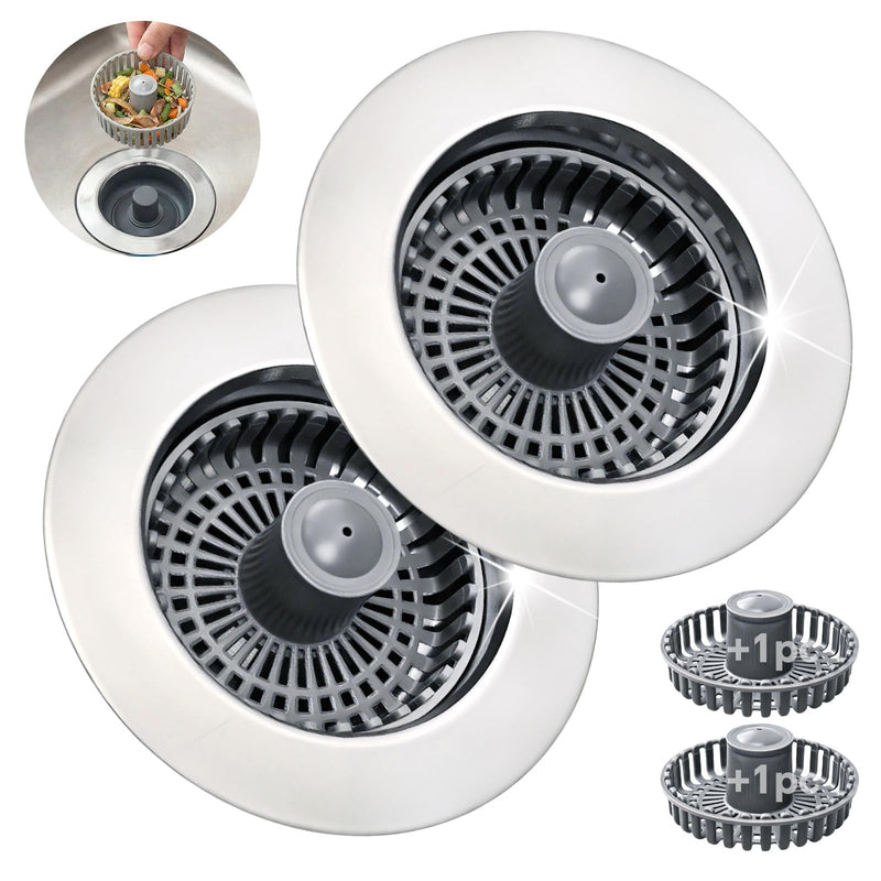 Kitchen Sink Stopper, 3 in 1 Pop Up Kitchen Sink Drain Strainer, with an Extra Basket Strainer, Sink Drain Stopper for US Standard 3-1/2 Inch, Brass Material Electroplate (Silver 2pcs) Silver 2pcs