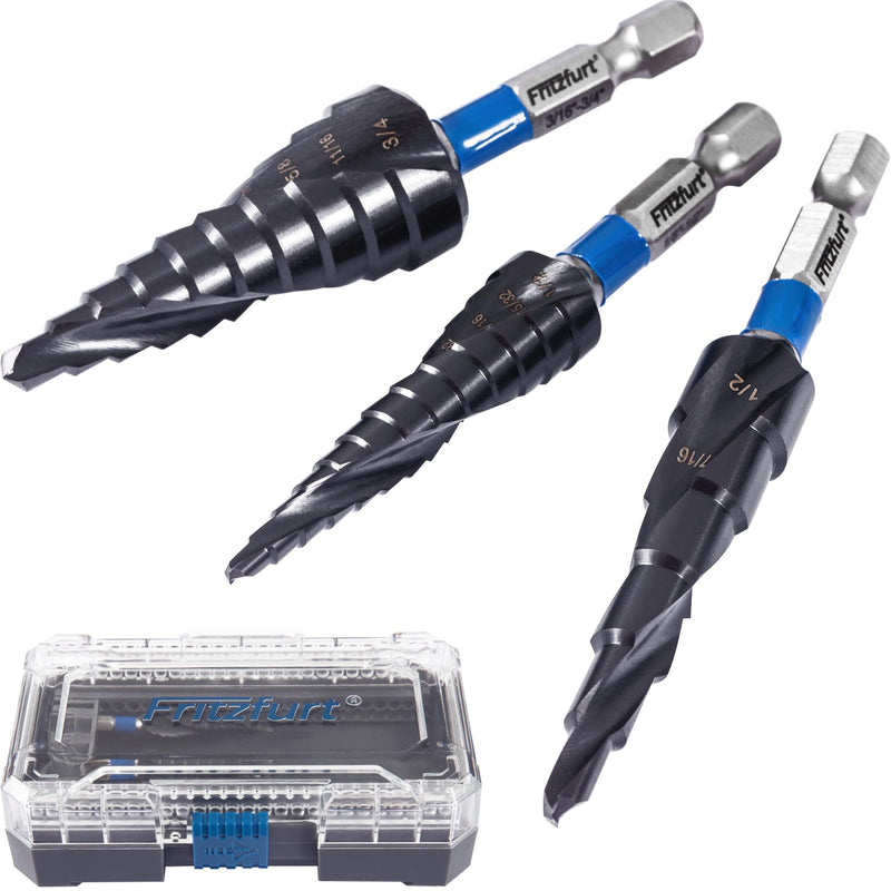 3-Piece M35 Cobalt Step Drill Bit Set — CBN Ground, AlTiN Coated, 1/4" Hex Shank | 6, 10 & 13 Steps | 1/8"–3/4" | Sheet Metal, Stainless Steel, Electrician