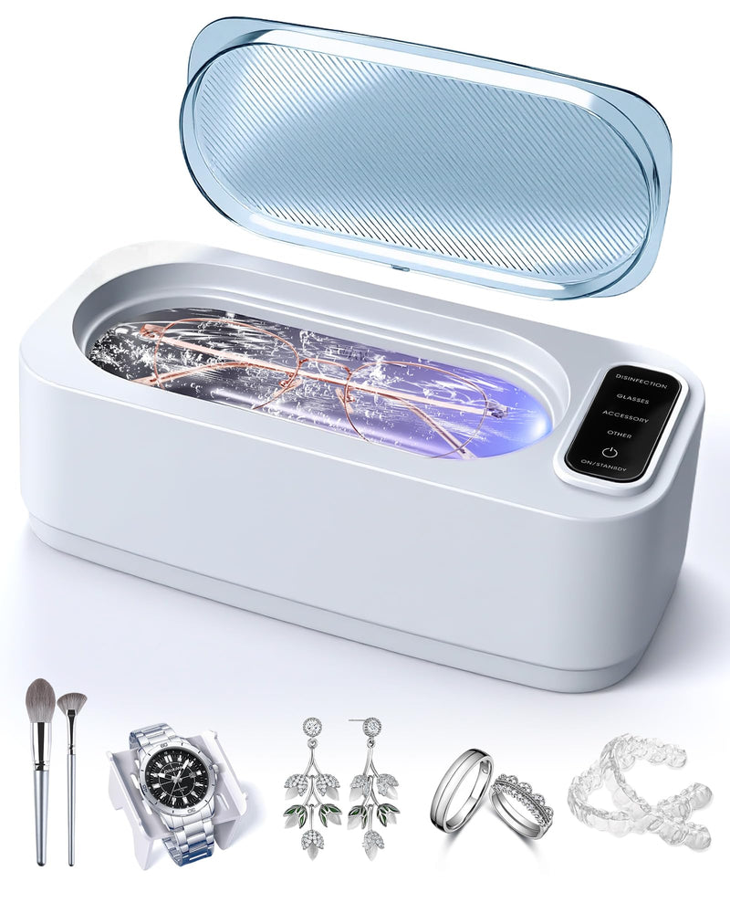 Ultrasonic Jewelry Cleaner Machine, 48KHz Ring Ultrasonic Cleaner, 4 Cleaning Modes - Suitable for Eyeglasses, Jewelry, Rings, Watchbands, Braces, Dentures, 13.5oz 304 Stainless Steel Tank for Gift White
