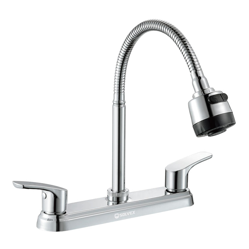 SOLVEX 2 Handle Kitchen Faucet，8 Inch High Arch 360 Swivel Stainless Steel Kitchen Sink Faucet，Modern Chrome 3 Hole Kitchen Faucets with Flexible Spout,SP-80013