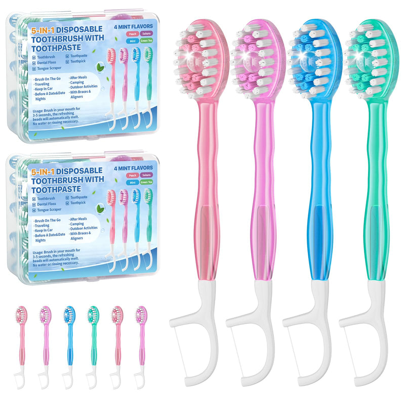 5-in-1 Disposable Toothbrush with Toothpaste (70 Pack), Mini Travel Toothbrushes with Soft Bristles, Dental Floss, Toothpick & Tongue Scraper, No Water Needed, 4 Flavors 70