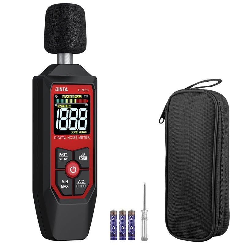 BINTA Decibel Meter, Digital Sound Level Meter with A/C Weighted, Portable SPL Tester 30-130dB Noise Measure with Backlit LCD Display, Max/Min, dB/SONE Unit, Data Hold for Home Office Factory Neighbor