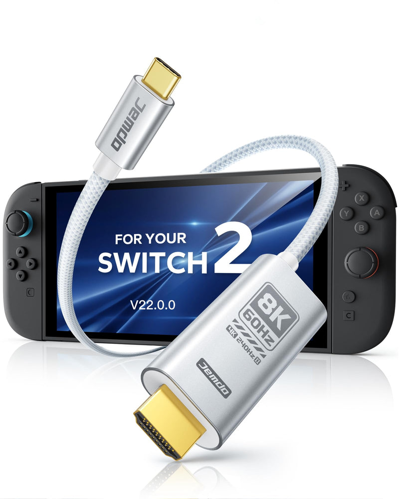 JEMDO Switch 2 (22.2.0+) Dock HDMI Cable 8K@60Hz HDR/ 4K@240Hz, 6.6ft USB-C to HDMI 2.1 48Gbps TV Dock, 100W PD Play While Charging, White Braided Portable Travel Adapter, Work with Switch 2/2017/OLED 8K60Hz WhiteBraid