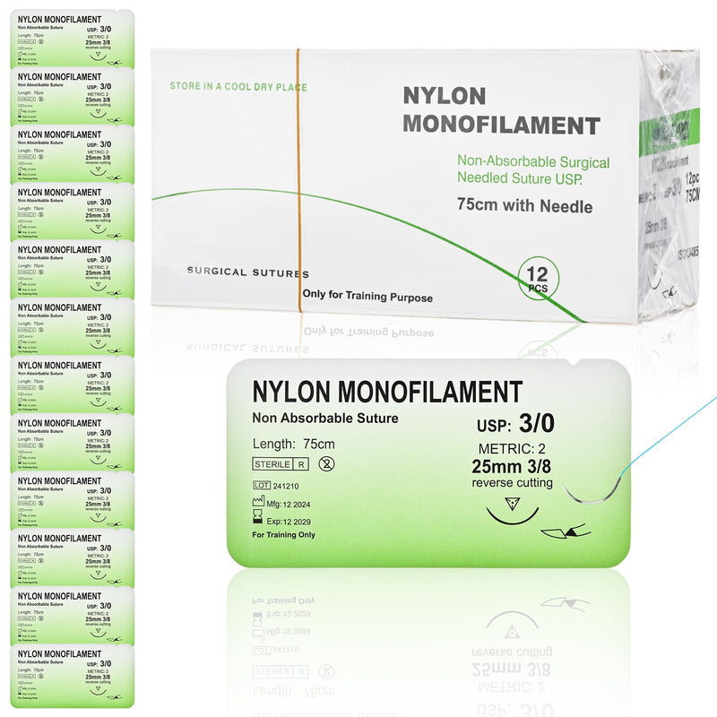 Sutures Practice Thread with Needle - 12Pack 3/0 Suture Kit, Nylon Monofilament Suturing Practicing for Students Training Only Nylon 3/0 12Pcs