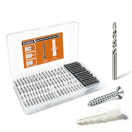 200Pcs Drywall Anchors and Screws Kit, 100Pcs Ribbed Plastic Wall Anchors with 100Pcs 1-3/5" Screws & Drill Bit, Heavy Duty Anchors for Hanging Pictures, Shelves, Home Mounting 1-3/5 inch