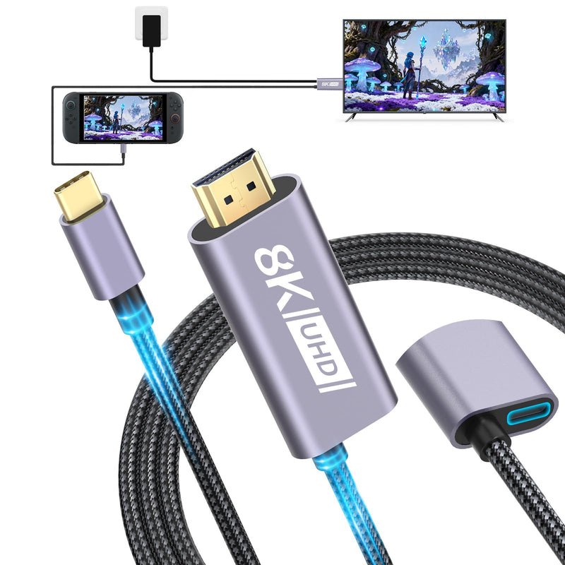 [V 22.5.0] Switch 2 Dock HDMI Cable 8K@60Hz 4K@240Hz/120Hz/60Hz,HDMI 2.1&48Gbps,100W PD USB C Charging,HDR10+,Portable&Travel TV Docking Station HDMI Adapter Compatible with Nintendo Switch 2/OLED/1 Grey