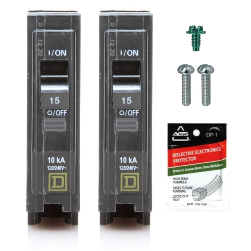 Genuine Square D QO115 QO 15 Amp Circuit Breaker Kit (2 Pack), Single Pole, 15A, 120V, 10kAIC, Plug-in for QO Load Centers & Panel Box, Visi-Trip, New Replacement 15 Amp Kit