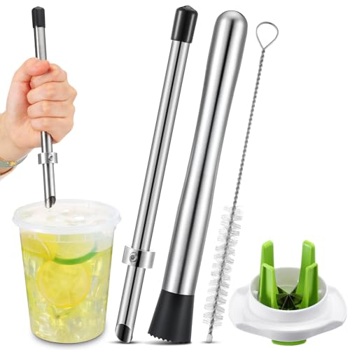 Honeydak 5 Pcs Straw Hole Puncher Set for Lemonade Plastic Lids Cups, with Muddler Lime Slicer 304 Stainless Steel Muddler and Hex Key Lemonade Stand Supplies