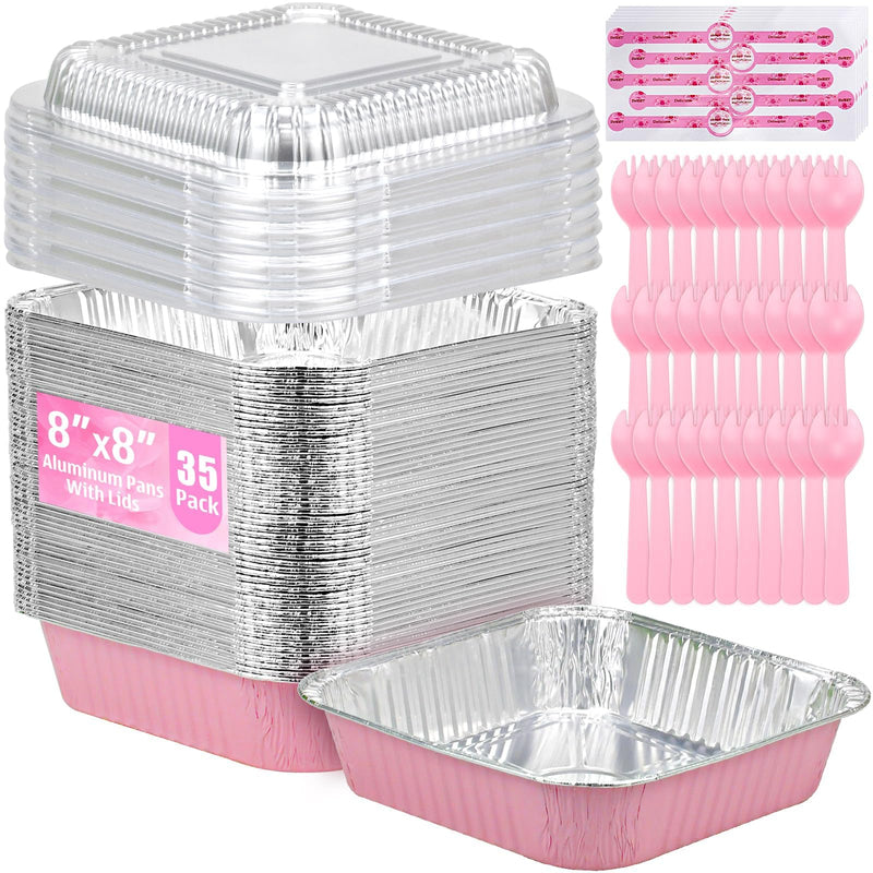 (35-Pack) Pink 8x8 Inch Disposable Aluminum Pans with Plastic Lids,Stickers and Cake Spoons,Square Cake Pans for Parties,Baking Trays,Foil Pans for Holiday Cooking, Parties Meal Prep, Storage