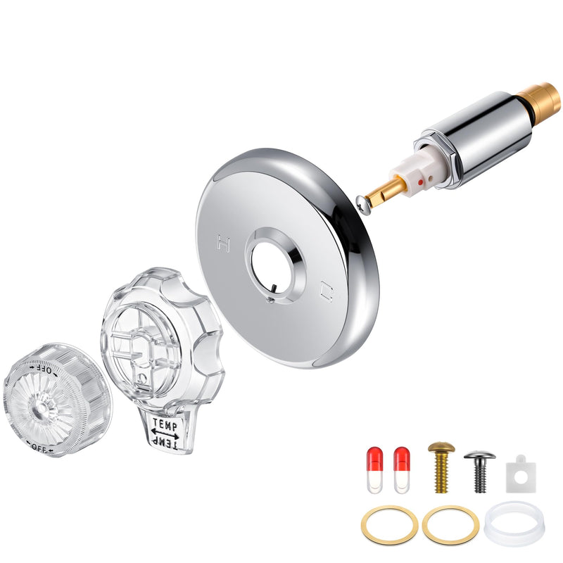 Single Lever Tub and Shower Rebuild Kit, Compatible with Mixet Shower Valves Repair Parts, Includes Cartridge Stem, Shallow Flange, Temperature and Volume Control Handle (Clear Handle)