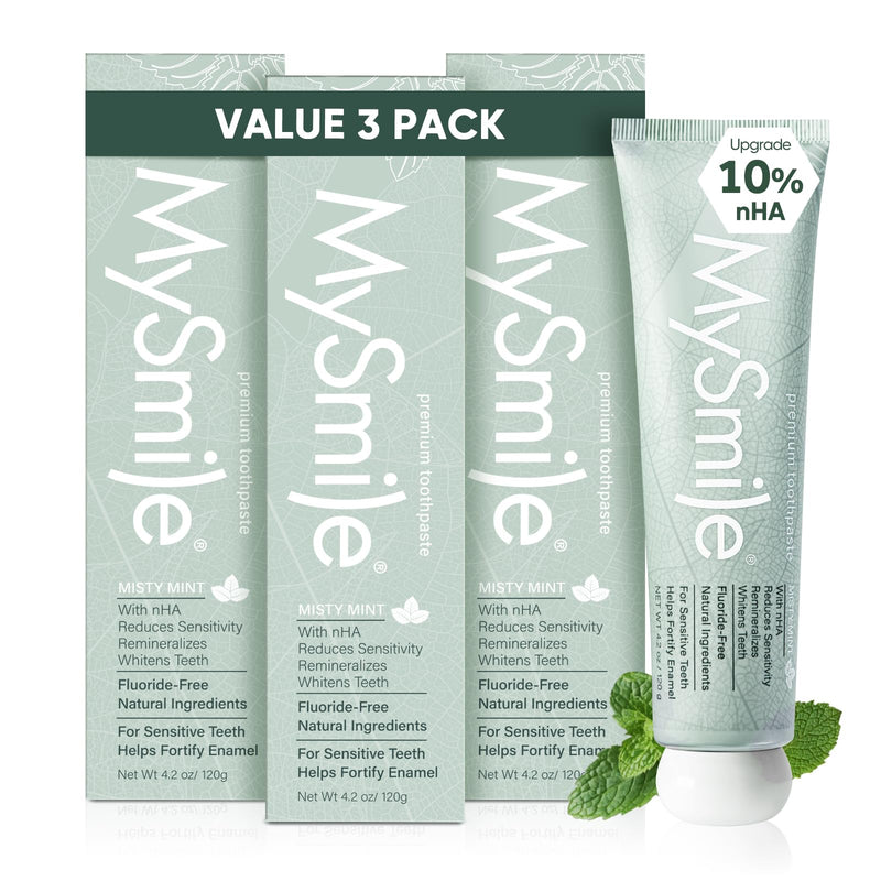 MySmile Fluoride Free Nano Hydroxyapatite Toothpaste for Sensitive Teeth, Strengthens Enamel, Remineralizes & Whitens Teeth, Freshens Breath for Adults, SLS Free, Misty Mint, 4.2 oz 4.2 Ounce (Pack of 3)