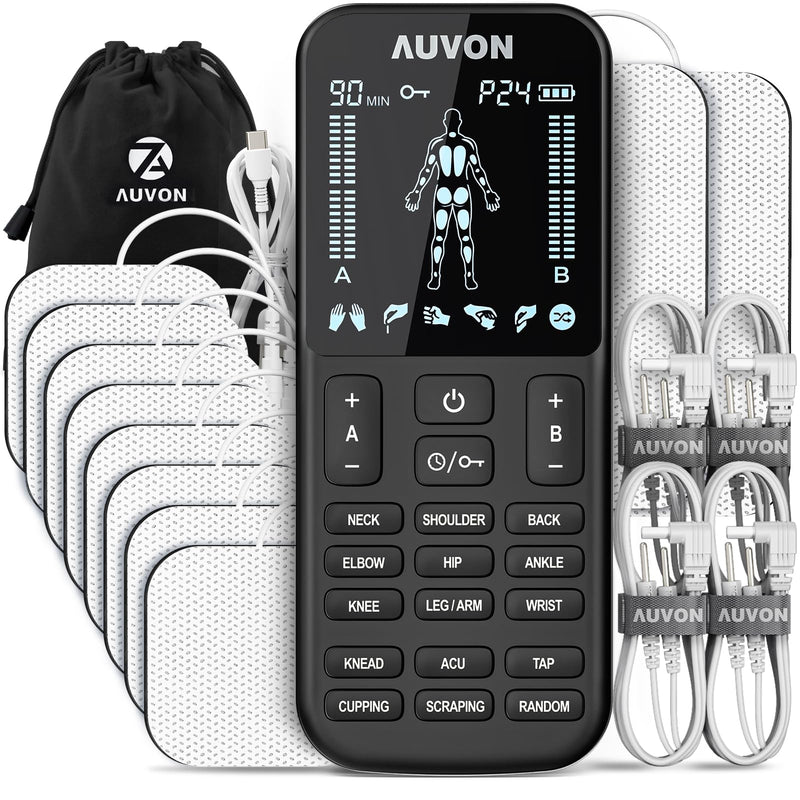 AUVON 4 Outputs TENS Unit Muscle Stimulator with 24 Modes & Intuitive Operation Design, FSA & HSA Eligible, TENS Machine with 10 TENS Pads, Electronic Pulse Massager for Back Pain Relief Therapy Black