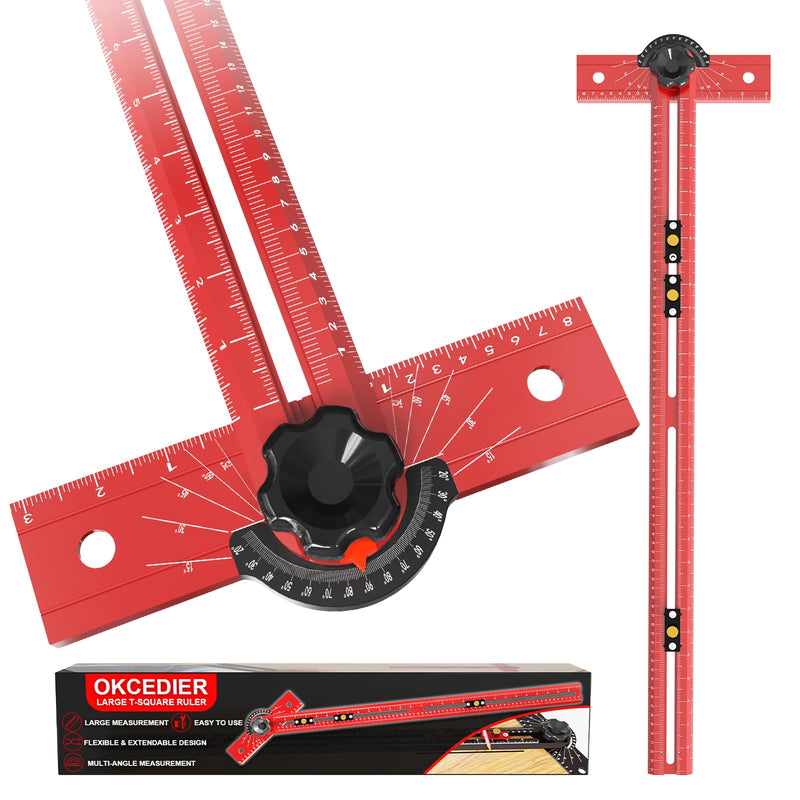 29 Inch Woodworking T Square Ruler, Adjustable Angle 15-165° Measurement Tool, Aluminum Alloy Body Precision Drilling Positioning Guide for Carpentry, Drafting, Architec, Scribe Crafting 29in red