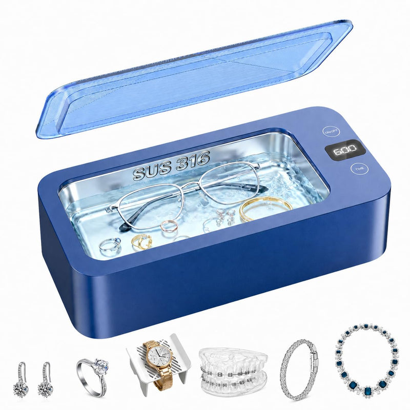Ultrasonic Jewelry Cleaner Machine Pro | Professional 316 Stainless Steel Tank for Rings, Eyeglasses, Dentures | 500ml Capacity with 5 Time Modes & 3 High Frequencies | Large Capacity /316 SUS Blue