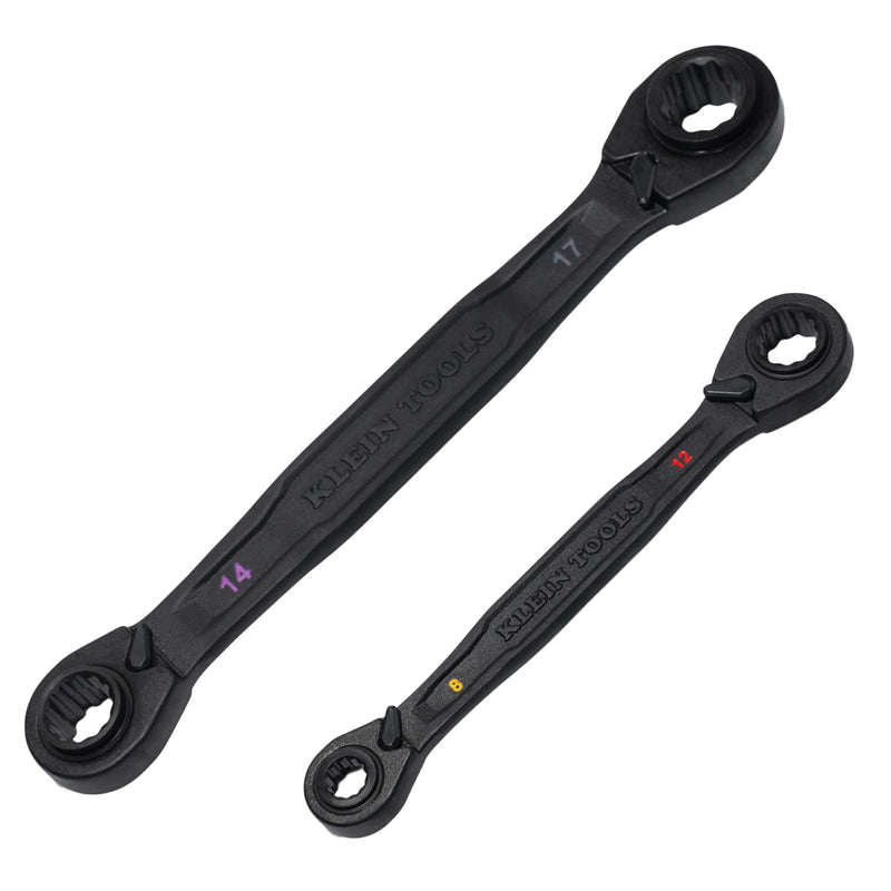 KLEIN TOOLS 68216M 4-in-1 Reversible Ratchet Wrenches Set, 2-Piece, Eight Metric Hex Sizes, 8mm x 10mm, 12mm x 13mm, 14mm x 15mm, and 17mm x 19mm Box Wrench Set, 90-Tooth Ratchet, Pass-Through Design 2-Piece Metric