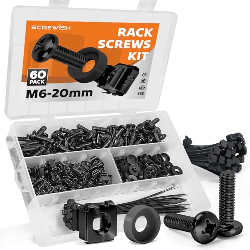 M6 x 20mm Rack Screws Kit, Cage Nuts, 60 Sets, Black M6x20mm