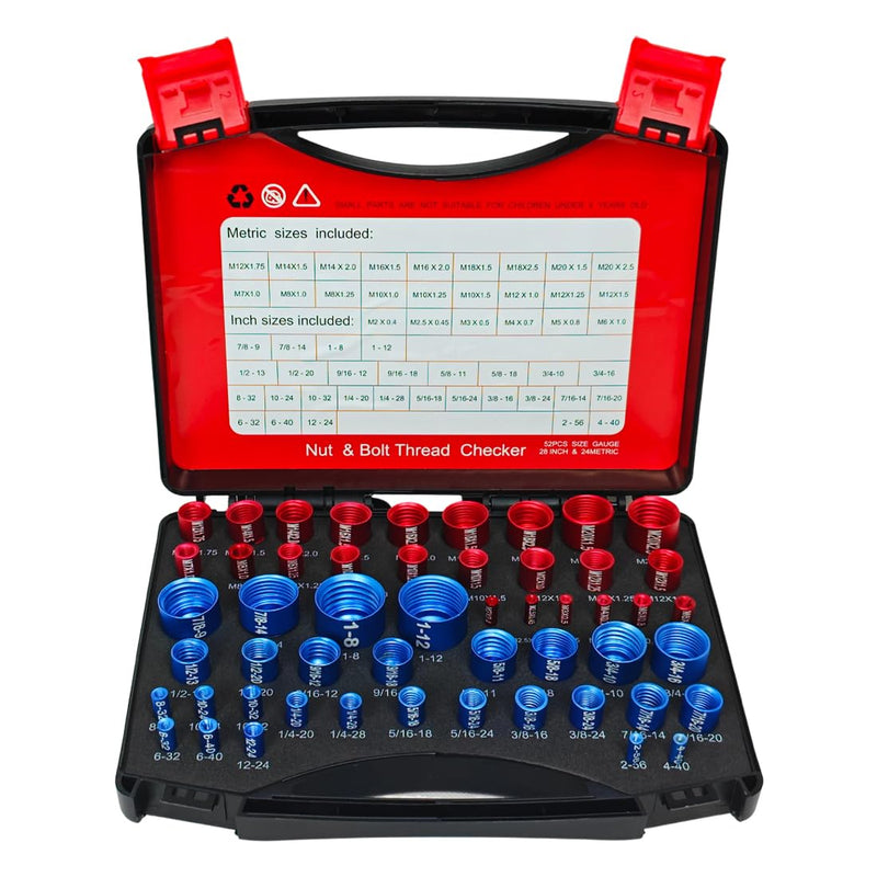 52PCS Nut and Bolt Thread Checker, 28 Inch & 24 Metric Box Set Thread Gauge, Thread Checker Kit in Standard and Metric Suitable for Nut Bolt Size Finder on Tricky and Narrow Area 52pcs