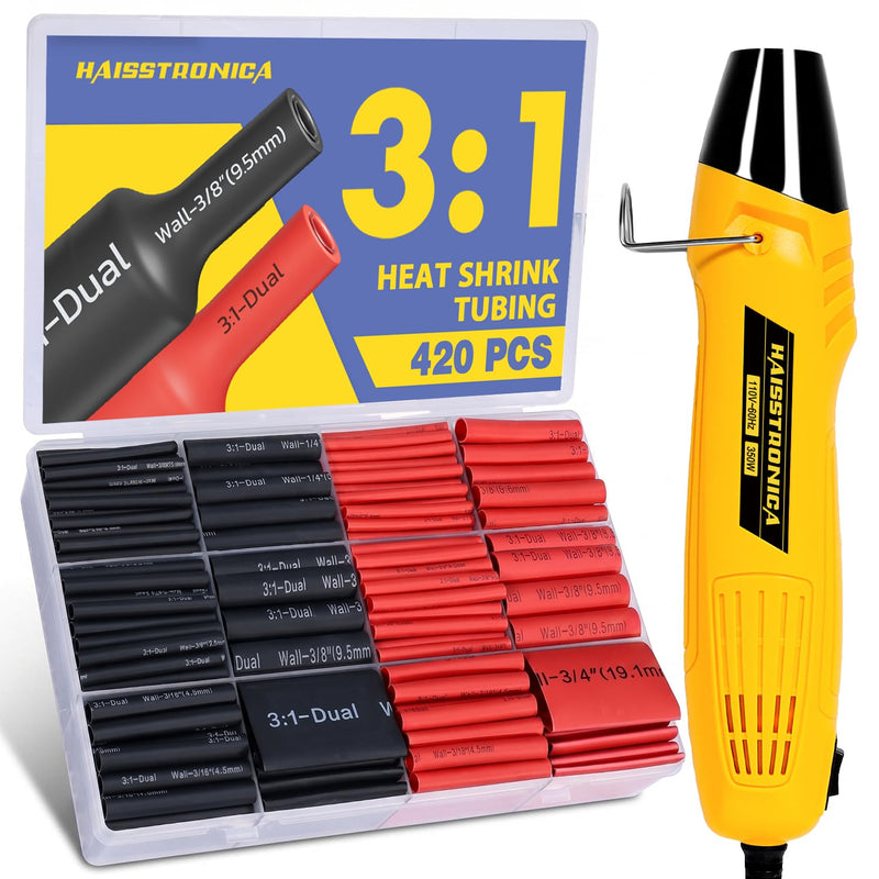 haisstronica 420PCS Heat Shrink Tubing Kit, 3:1 Adhesive Lined Heat Shrink Tube with 350W Mini Heat Gun, Waterproof Insulated Shrink Wrap for Automotive Marine Wiring Repair 420 PCS