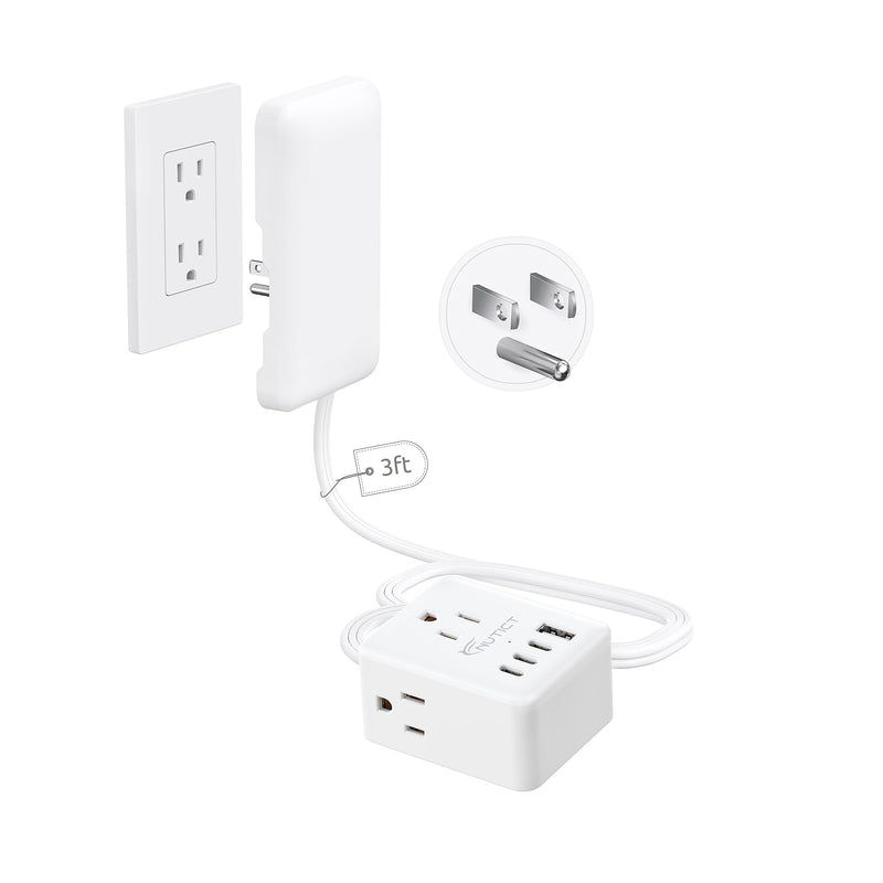 3FT Short Extension Cord with Outlet Cover, 3 Outlets and 4 USB Ports | Flat Plug Power Strip, Outlet Concealer, Small, Wall Mountable, Flat Face Outlet Extender Hidden Behind Couch, Bed, White 3FT