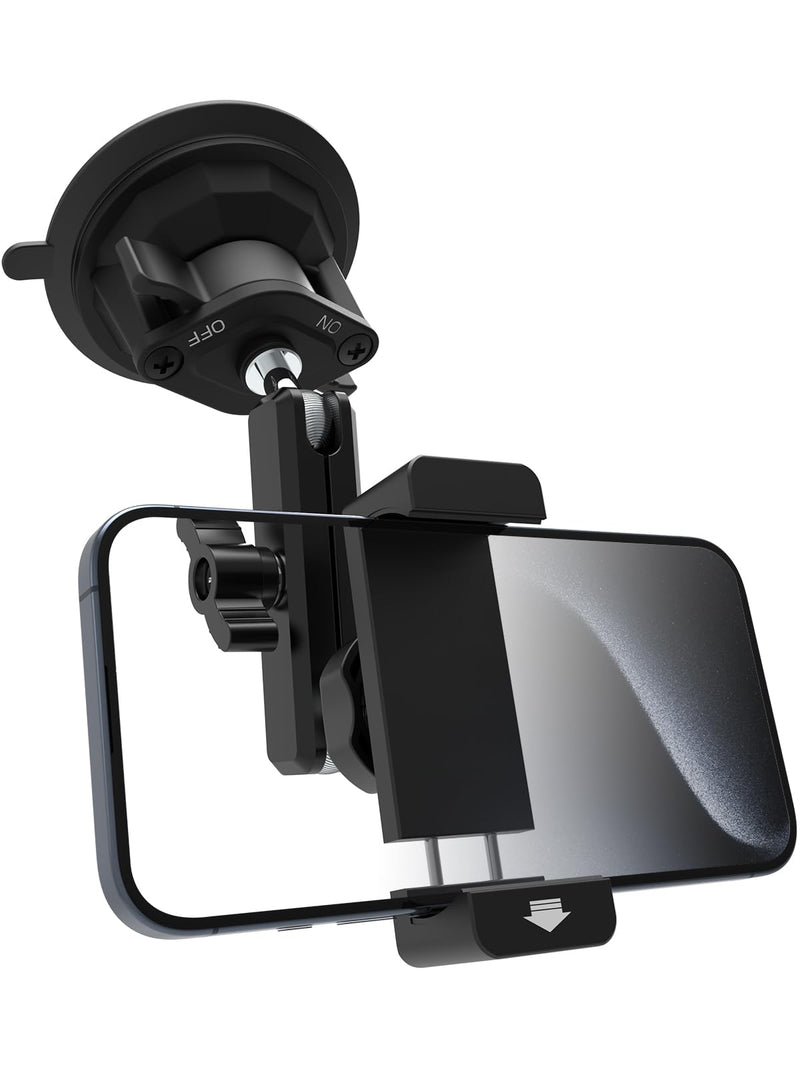 Suction Cup Car Phone Holder, Metal Phone Mount for Car Windshield | Aluminum Alloy, 360°Adjusting Arm, Heat Resistant Cellphone Holder for iPhone17 16 15 Pro Max, Galaxy S26 & 4-7" All Phones