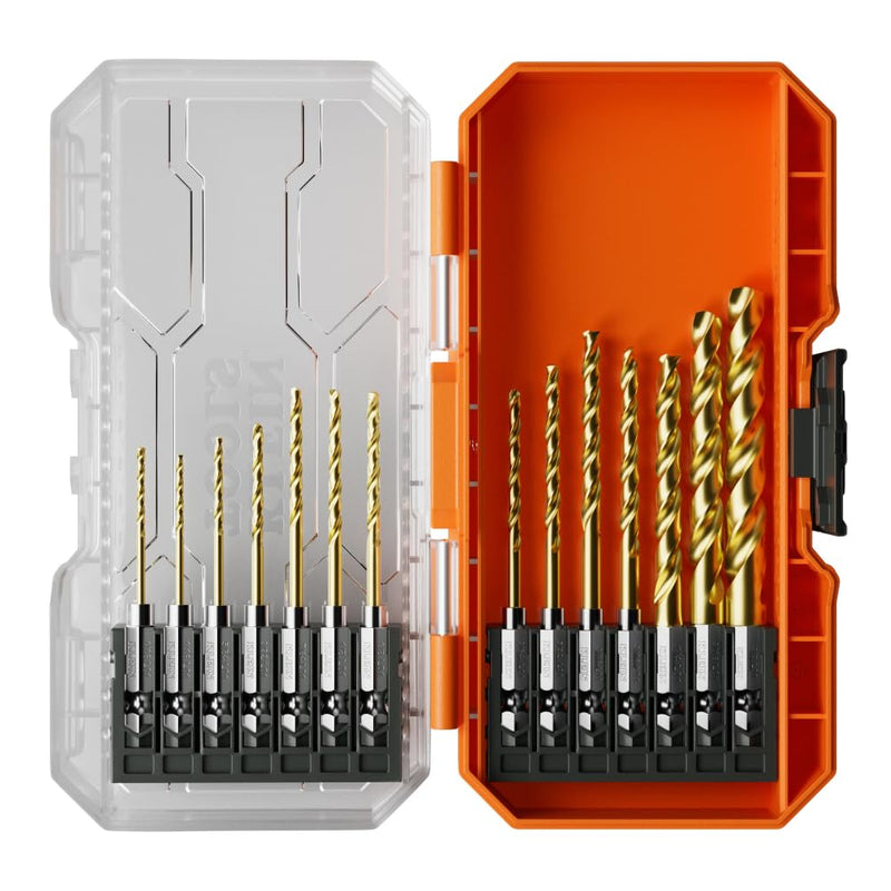 Klein Tools 53614 14-Piece Titanium Drill Bit Set, Impact-Rated, 1/4-Inch Hex Shank, Cuts Metal, Plastic, Wood, 11 Unique Sizes