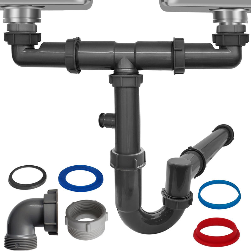 1-1/2" Double Sink Drain Pipe Kit with P-Trap, Wall-Outlet, Complete Plumbing Replacement for Double Kitchen Sinks