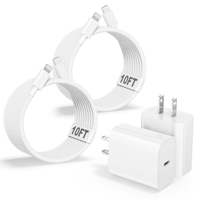 10FT Extra Long Braided iPhone Charger Fast Charging,10Foot 2Pack i Phone Charger Block USB C to Lightning Woven Cable Cord Adapter for iPhone 14 Pro Max/14 Plus/13 Mini/13/12/11/X/XR/SE/i Pad/AirPods White 2Pack 10FT 2
