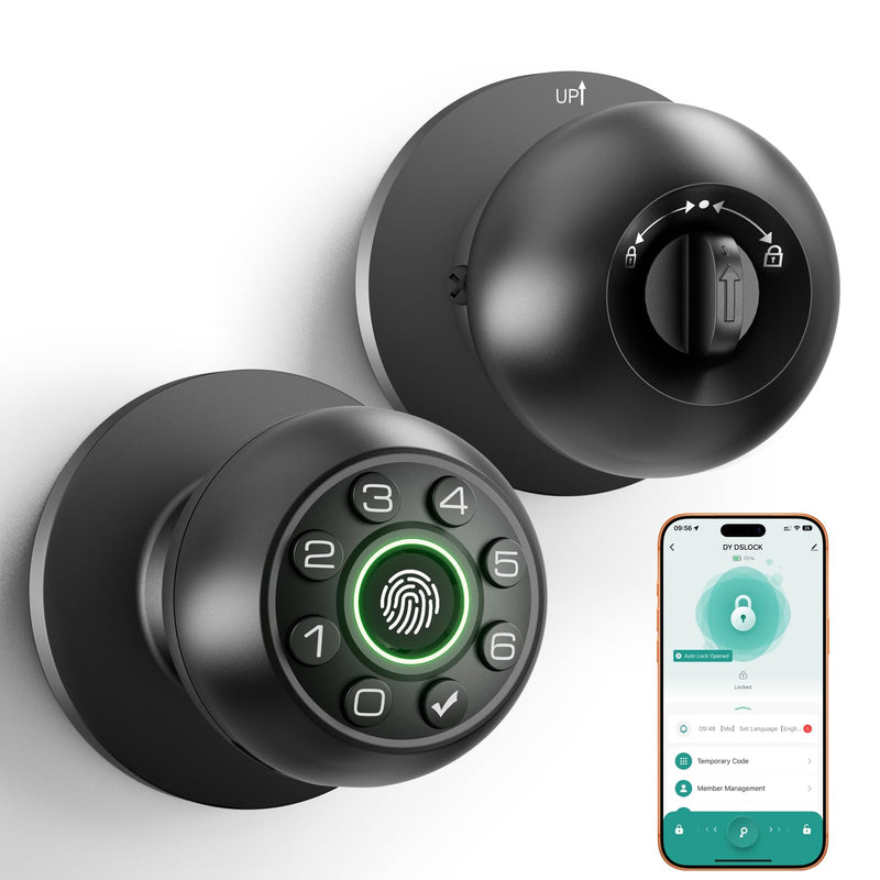 Fingerprint Door Lock - Smart Door Knob, Biometric Door Lock with Keypad Passcode Door Handle for Bedroom Home Office (Black) Black APP