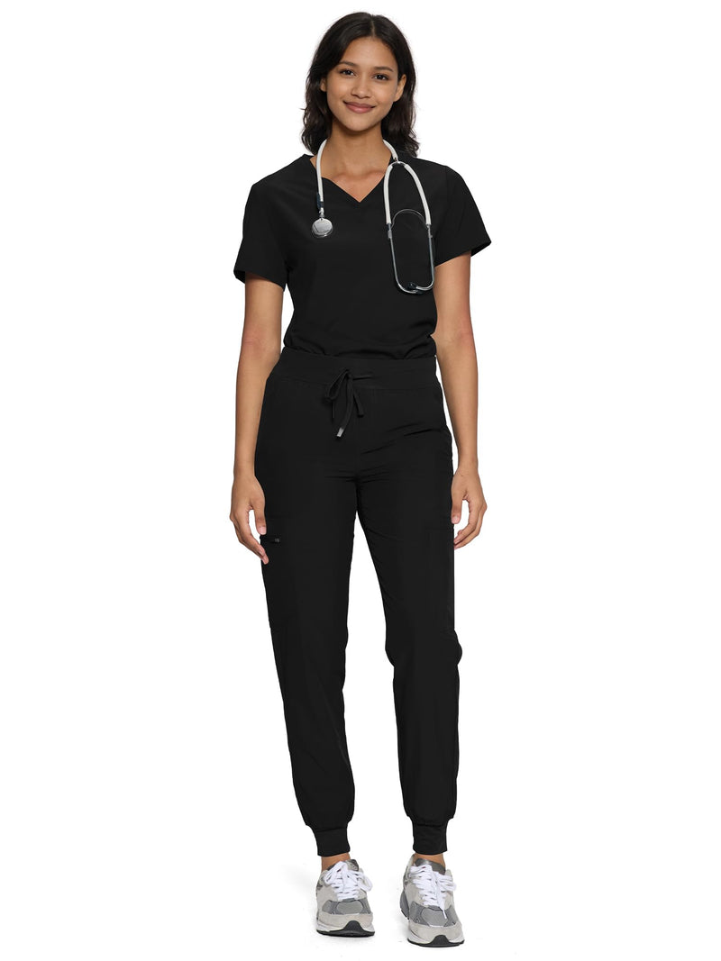 floralhue Scrubs for Women, Women's Medical Scrub Sets, V-Neck Scrubs Top & Cargo Pants with 12 Pockets Small Black