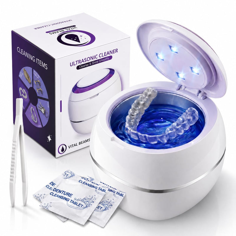 Ultrasonic Retainer Cleaner Machine with 3 Retainer Cleaning Tablets - 45kHz Dental Cleaning Pod with 2 Modes, Deep Cleaning Ultrasonic Cleaner for Dentures, Aligners, Mouth Guards