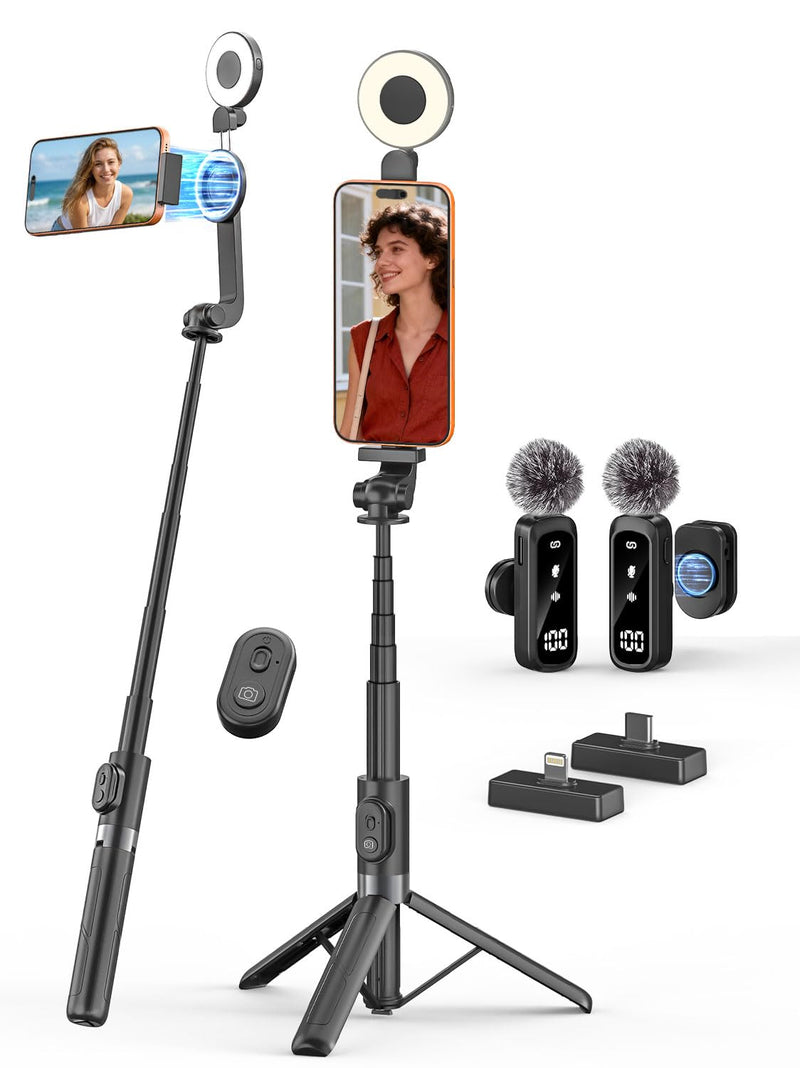 USKEYVISION Vlogging Kit, Content Creator Essentials w/Light & Lavalier Mic | Magnetic Selfie Stick Tripod for iPhone with Light, Vlogging Microphone for Content Creators, Youtube Recording(SPT-02Combol) Black