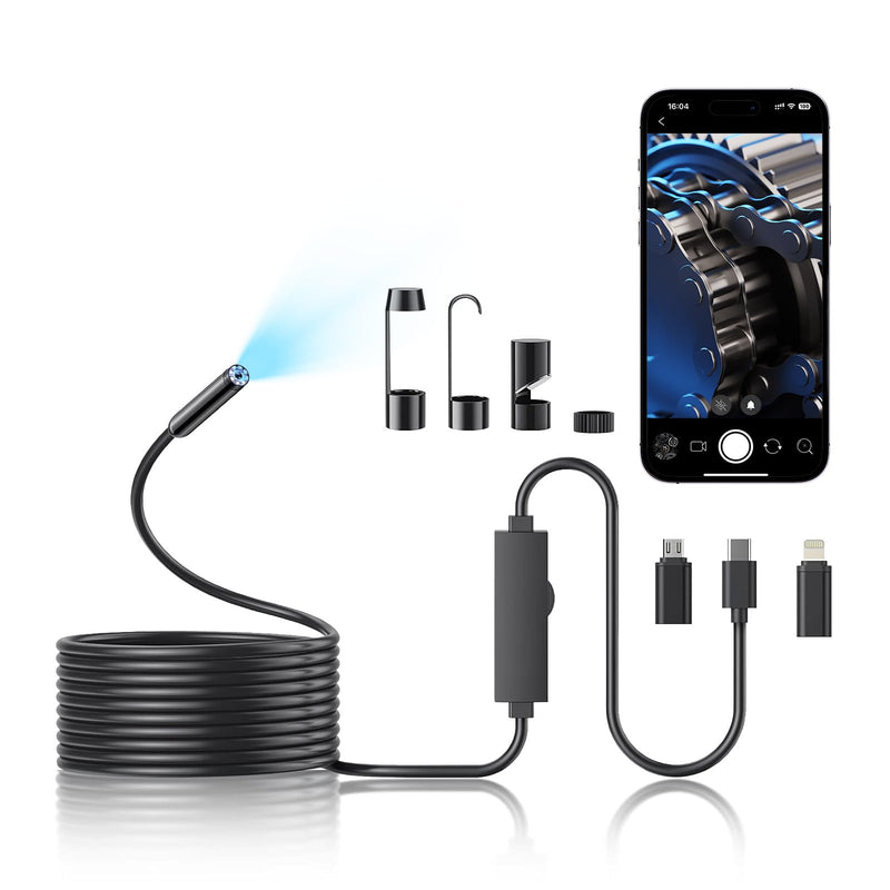 Endoscope Camera with Light, 1920P HD Borescope Camera with 8 Adjustable LED, 16.4FT Semi-Rigid Snake, IP67 Waterproof 8mm Inspection for iOS and Android (Single-Lens) Single Lens-5M