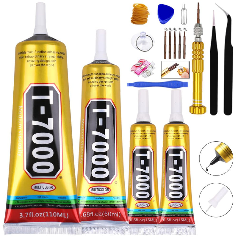 T7000 Black Glue for Cell Phones Mobile Repair Tools kit with Precision Tip, 4Pcs 15ml 50ml 110ml Waterproof Glue Speaker Earphone Electronics Computer Tablets LCD Screen Super Adhesive T-7000 Sealant 4Pcs Bulk T7000 Black Glue with repair tools kit