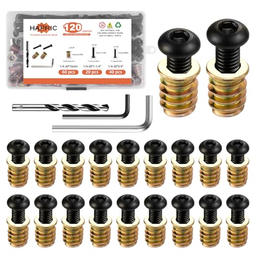 Hapric 120 Pcs 1/4-20 Threaded Inserts for Wood Kit, Wood Furniture Screw 1/4-20 x 3/4"-120pcs