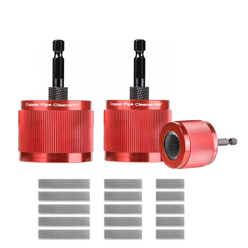 1/2" & 3/4" & 1" Copper Pipe Cleaner Set for Drill, with 1/4" Hex Shank & 15 Brush Blades Plumbing Tools for Removing Rust, Stains & Paint from Copper & Metal Pipes (red-1) Red-1