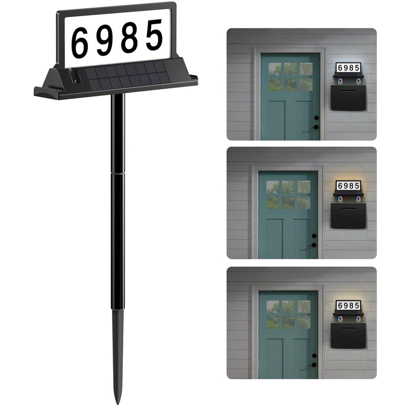 Solar Address Sign for House Numbers – Dual-Sided LED & Dual-Sided Solar Panels, 3 Color Modes, IP65 Waterproof Address Plaque, Strong Magnetic/Stake/Wall Mount, Dusk-to-Dawn for Mailbox Yard Driveway 1 Pack 3000/4000/6000K