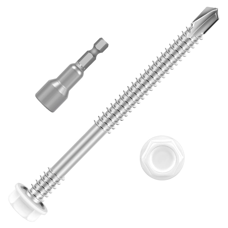 #14 x 6 (30 PCS) White Head Sheet Metal Screws, Hex Washer Head Self Drilling Screw, Flanged Fast Self Tapping Screws, Hex Bit Socket Included #14 x 6"