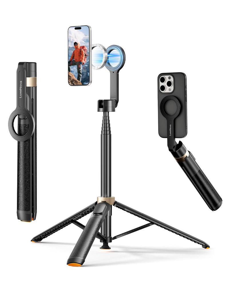 Magnetic Selfie Stick Tripod 72 Inch for iPhone MagSafe, Extendable Phone Tripod Stand with Bluetooth Remote, 360° Rotation Aluminum Selfie Stick for Travel, Vlog, TikTok Black