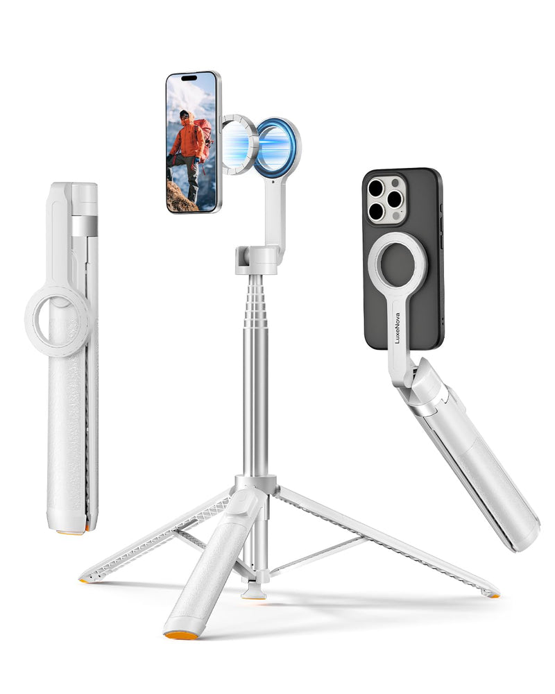 72'' Magnetic Selfie Stick Tripod for iPhone MagSafe – One-Click Open Stable Stand, Strong Magnetic Mount, 360° Rotation, Extendable Aluminum Tripod with Bluetooth Remote for Travel & Video Recording White