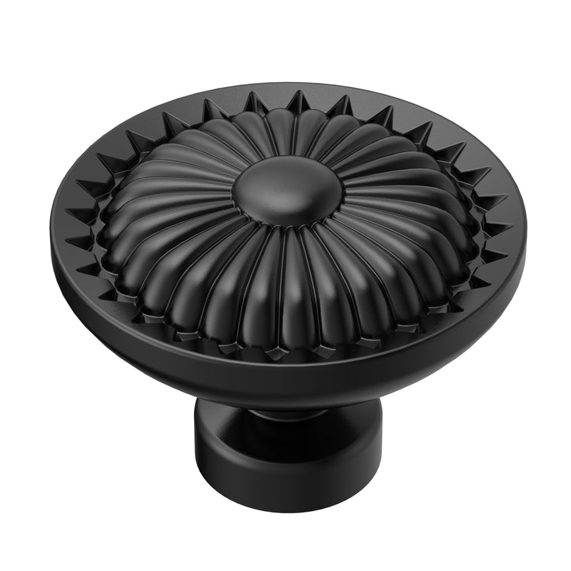 Alzassbg Matte Black Round Cabine Knobs, 10 Pack, AL0006MB | Sunflower Design, 1-1/4 Inch Diameter, Decorative Hardware Pulls, for Cabinets and Drawers Single Hole Knobs
