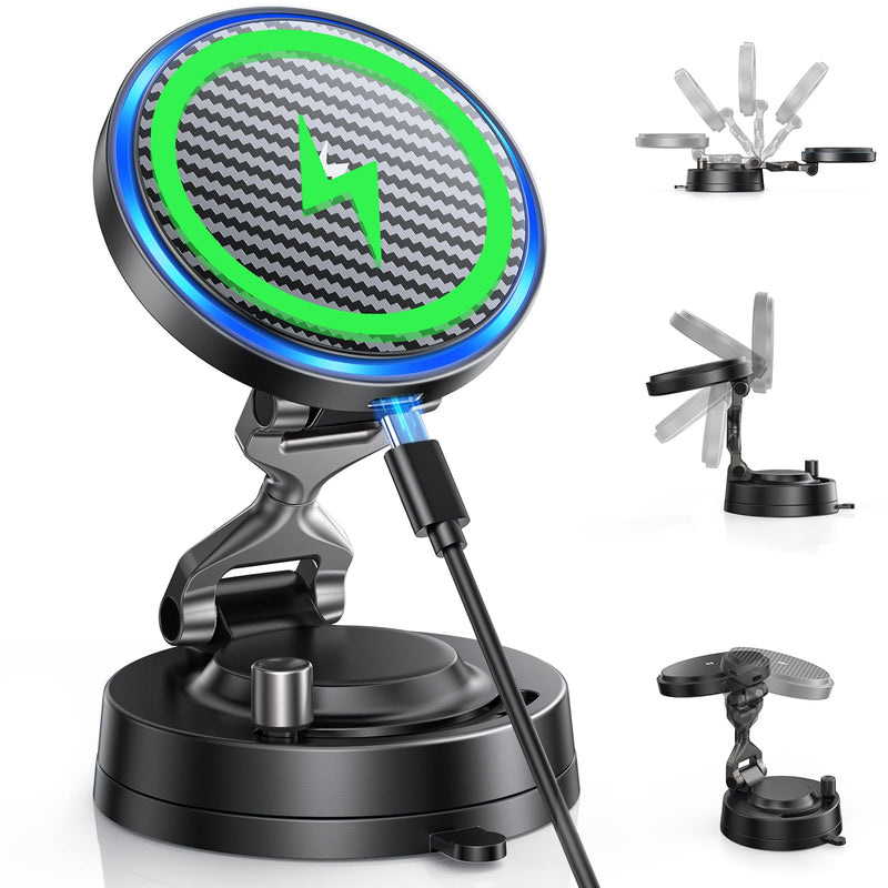 OANDYS 15W MagSafe Car Mount Charger for iPhone 12-17 Pro/Max/Plus/Air | 3200gf Magnetic Wireless Charger, 82LBS Suction Cup Dashboard Phone Holder, 360° Rotatable Magnetic Stand