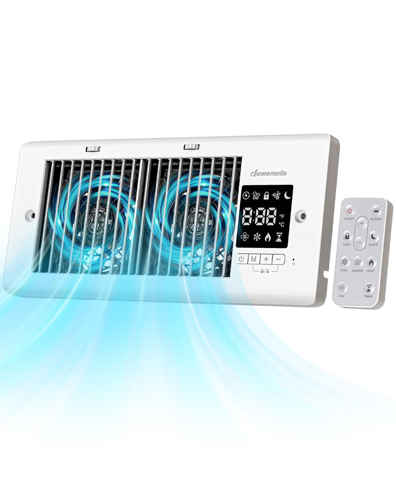 DEWENWILS Register Booster Fan, 4" x 10" Register Holes, 180 Adjustable Grille Vent Fan Booster, Improves Heating & Cooling Vents, Quiet 140 CFM, Panel & Remote Control for Room, Floor, Wall, White 4" x 10"