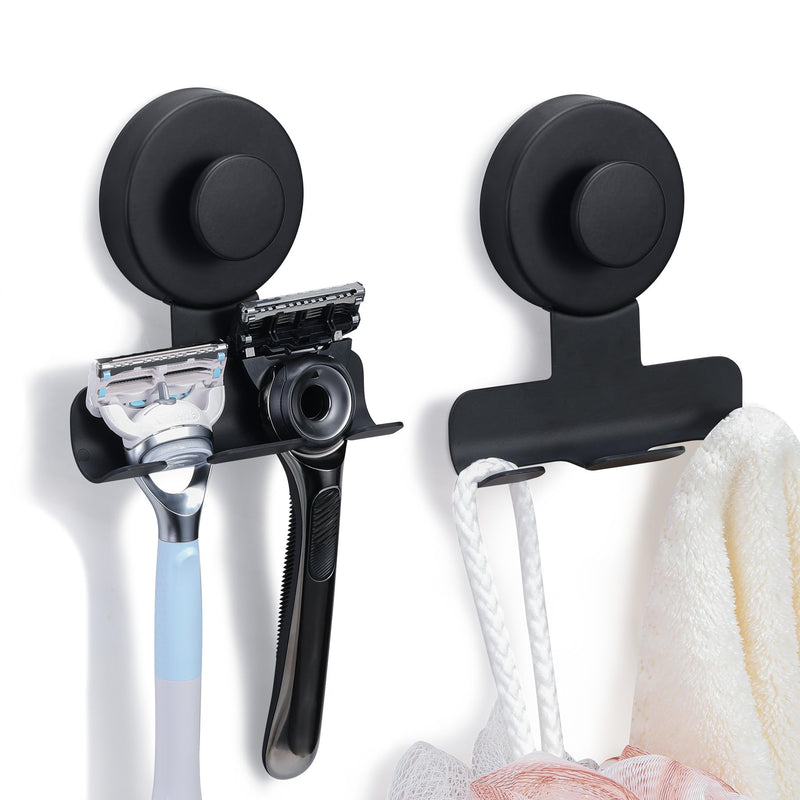Suction Cup Razor and Shaver Holder for Shower Wall, Stainless Steel Reusable Suction Hook for Towel and Loofah, Damage-Free Installation (2, Matte Black) 2