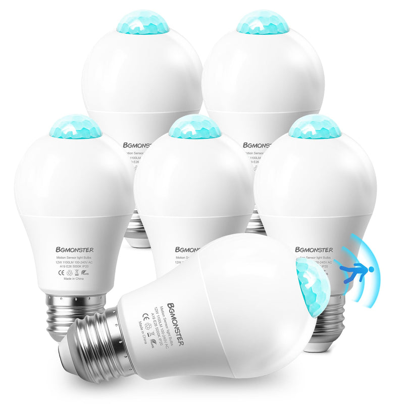 6 Pack Motion Sensor Light Bulbs, 12W(100W Equivalent) Motion Detector Light Bulb, Dusk to Dawn E26 Led Emergency Lightbulbs Indoor Outdoor for Hallway Porch Garage