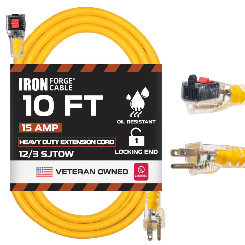 Iron Forge Cable Oil Resistant 12 Gauge Outdoor Extension Cord 10 ft with Locking Ends - 12/3 Heavy Duty Extension Cord Outdoor 3 Prong, Yellow Cable 15 Amp