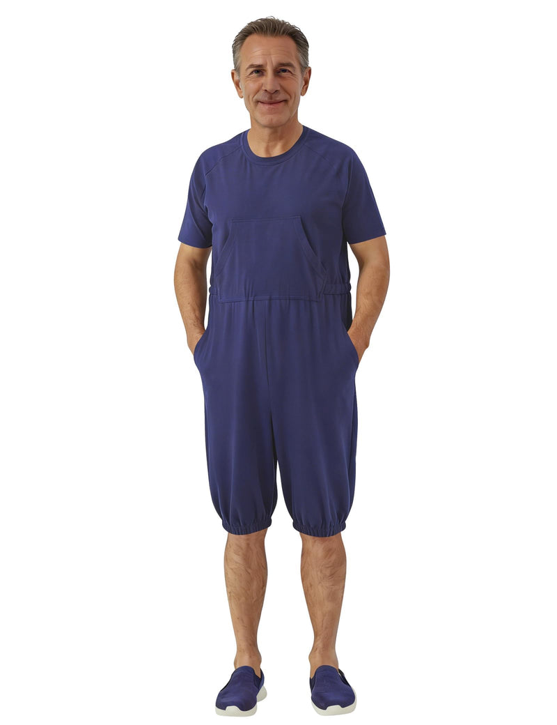 Adaptive Clothing for Men, Anti-Strip Back-Zip Jumpsuit Cotton Romper- Elderly Easy Care Onesie for Special Needs Large Navy