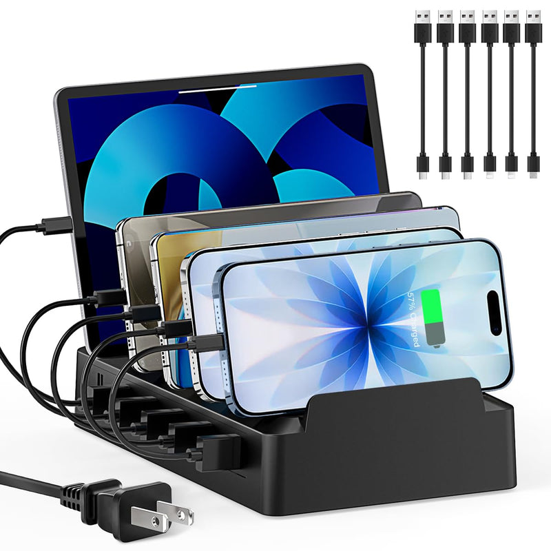 Charging Station for Multiple Devices, 6 Port USB Desktop Charger Dock Compatible with iPad, Samsung, Android, Tablet, Family Multi Phone Charging Organizer with Divider Holders, Fireproof ABS (Black) Black