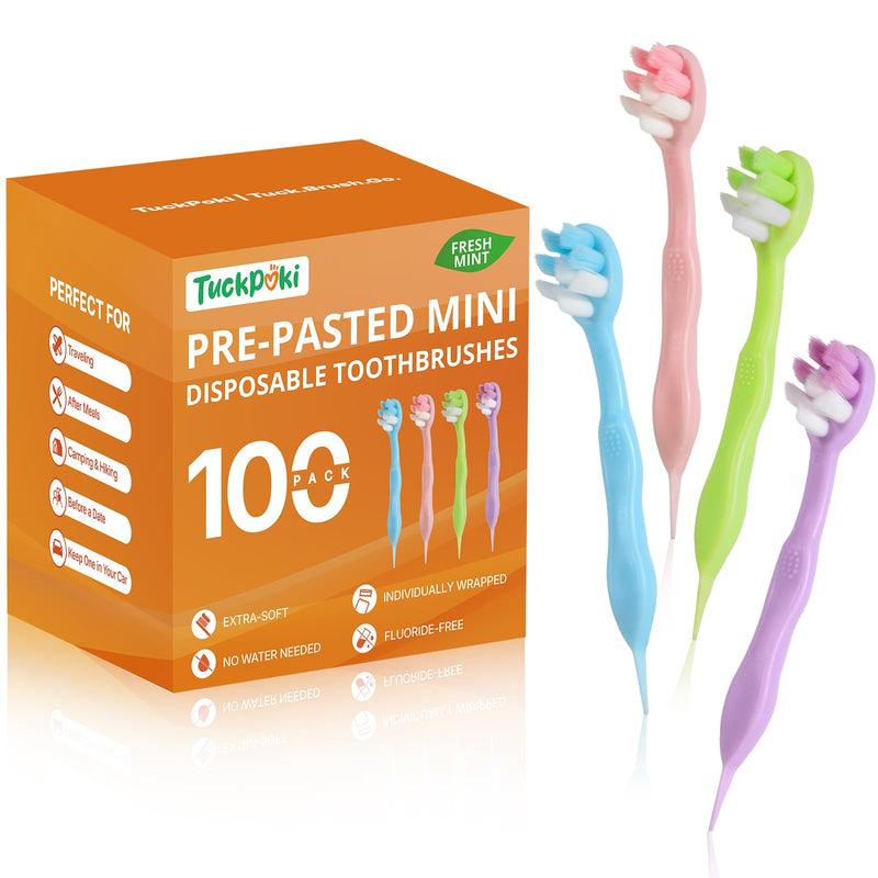 100-Pack Pre-Pasted Mini Travel Toothbrushes, Individually Wrapped Bulk Pack, Disposable Toothbrushes with Toothpaste, Waterless Single-Use Extra Soft Bristle for Adults, Travel & Braces 1 Count (Pack of 100)