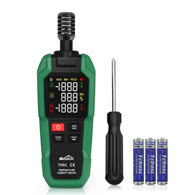 Temperature Humidity Meter, SQECH Digital Hygrometer with Ambient Thermometer,Dew Point,Wet Bulb,Flashlight,Max/Min,Data Hold,High Precision Psychrometer Monitor with Color Backlight for Home HVAC