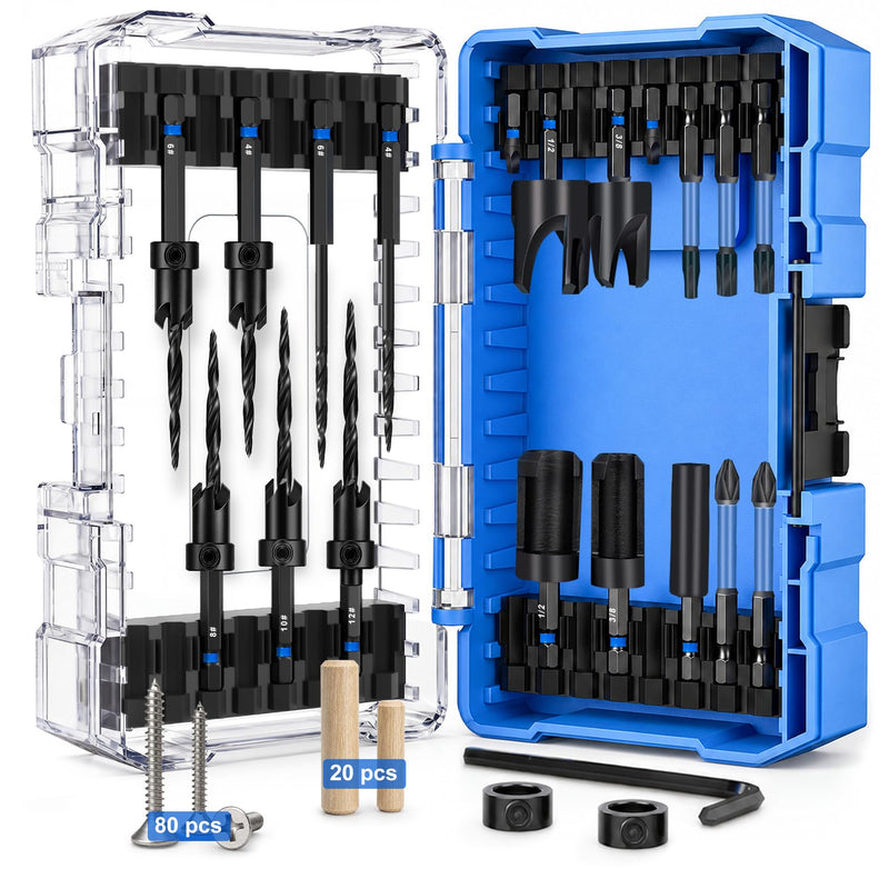 Countersink Drill Bit Set, 22PCS Counter Sink Drill Bit for Wood with 100PCS Accessories, Wood Plug Cutter, Adjustable Depth Stop Collar, Hex Shank M42 HSS Tapered Drill Bits for Woodworking 22 PCS